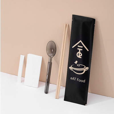 Convenient Disposable Individually Wrap Travel Wooden Spoon Bamboo Chopstick Set Four Sided Sealed Copperplate Paper Film Set