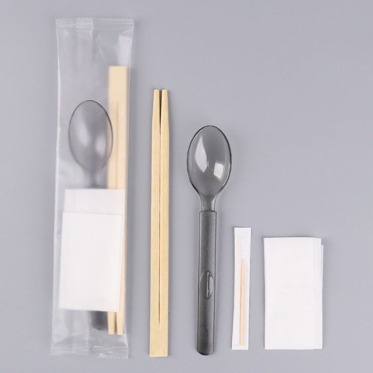 Disposable Bamboo Chopsticks Set With  Spoon And Table Napkin Frosted Composite Film Set