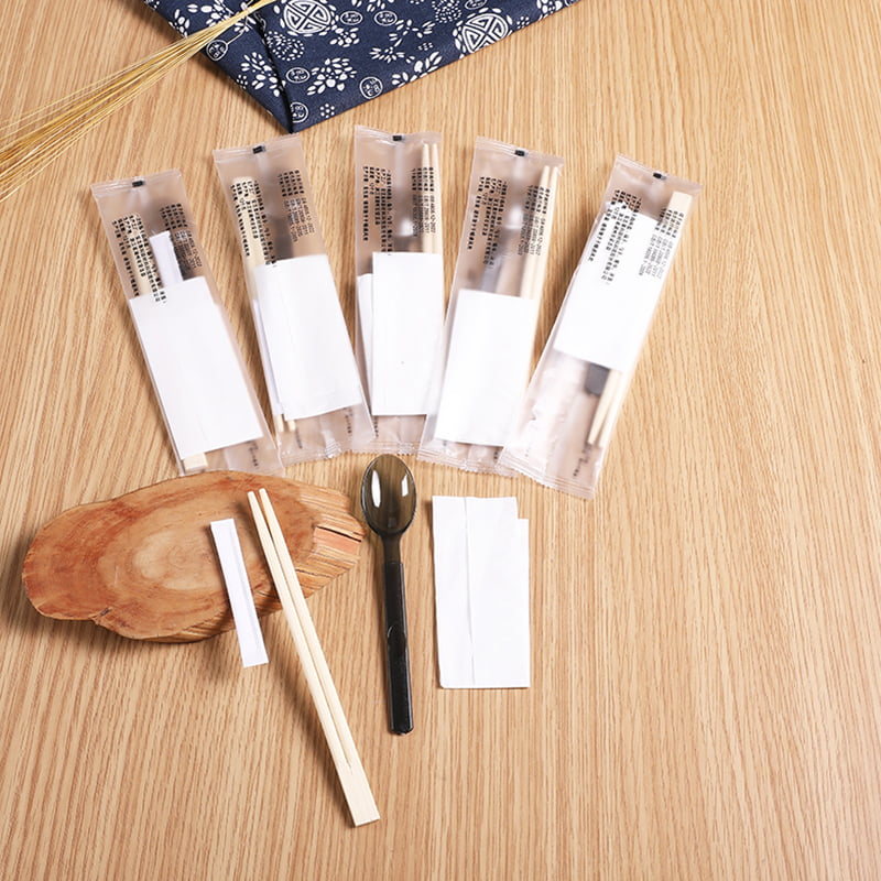 Disposable Bamboo Chopsticks Set With  Spoon And Table Napkin Frosted Composite Film Set