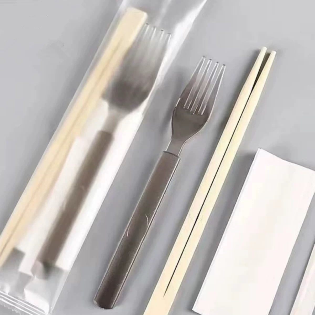 Disposable Bamboo Chopsticks Set With Fork And Papernapkin Frosted Composite Film Set