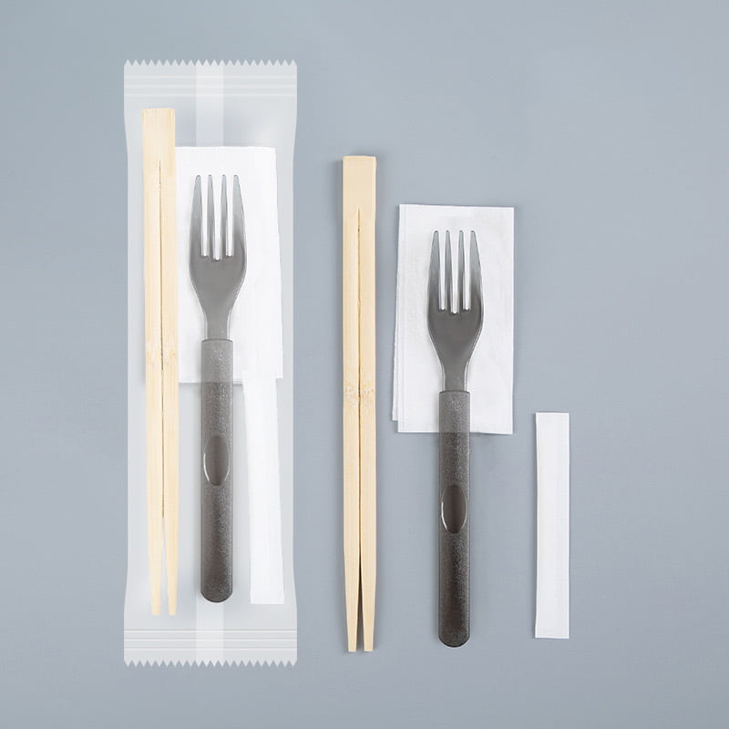 Disposable Bamboo Chopsticks Set With Fork And Papernapkin Frosted Composite Film Set