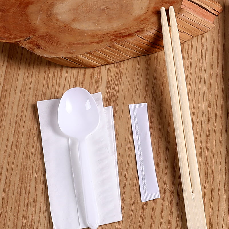 Bamboo Chopsticks Set With White Spoon And Napkin Frosted Composite Film Set