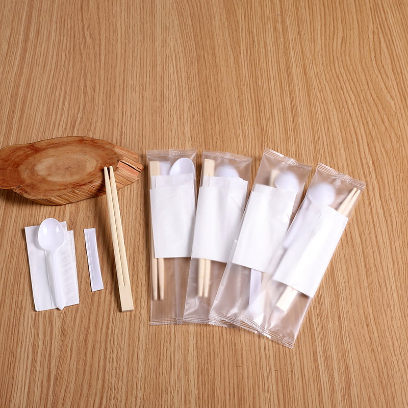 Bamboo Chopsticks Set With White Spoon And Napkin Frosted Composite Film Set