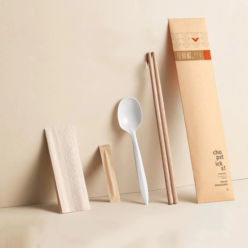 New Style Disposable Bamboo Chopsticks Set With Spoon /Napkin/Toothpick Degradable Paper Film Set