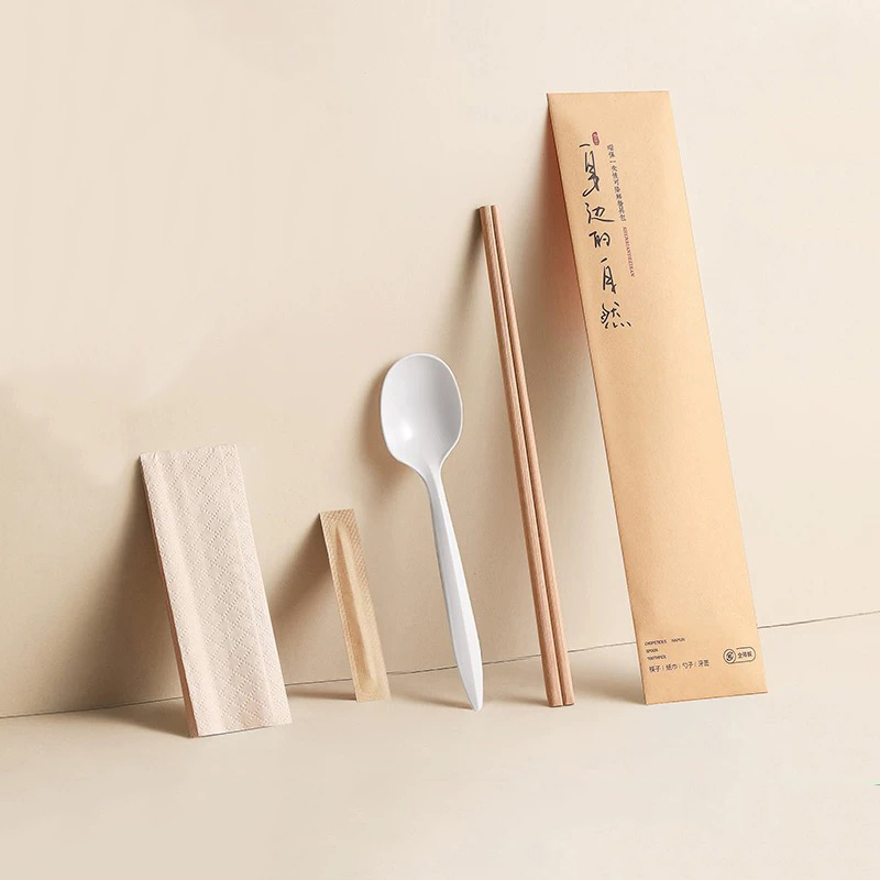 New Style Disposable Bamboo Chopsticks Set With Spoon /Napkin/Toothpick Degradable Paper Film Set