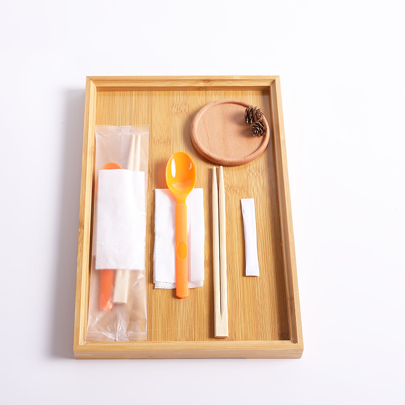 Disposable Bamboo Chopsticks Set With Orange Spoon And Papernapkin Frosted Composite Film Set