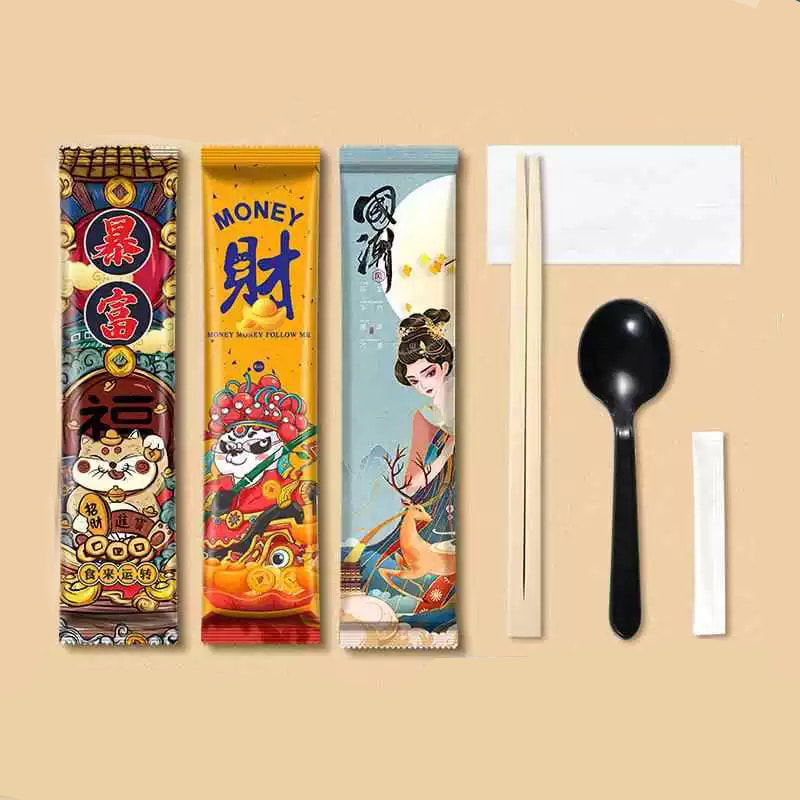 Disposable Bamboo Chopsticks Napkin Plastic Spoon Toothpicks Pack Set For Takeout Food Restaurant Pearlescent Film Set