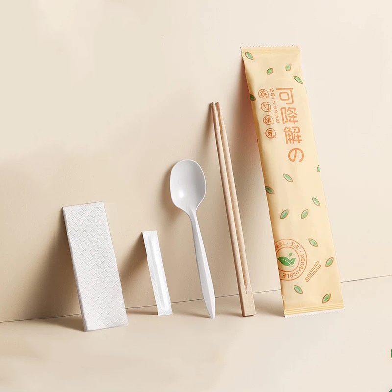 Disposable Bamboo Chopsticks Biodegradable Cornstarch Spoons Toothpicks Degradable Paper Film Set