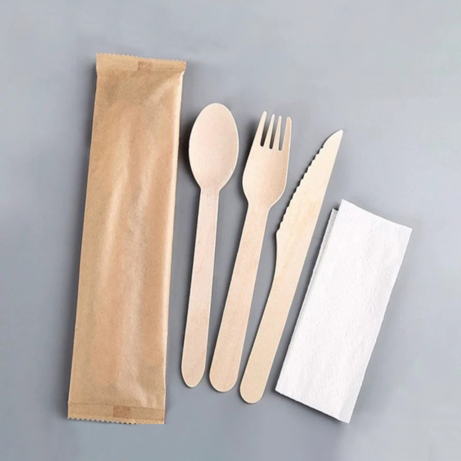 Disposable Environmentally Friendly Tableware Manufacturer Wooden Cutlery Set Degradable Paper Film Set